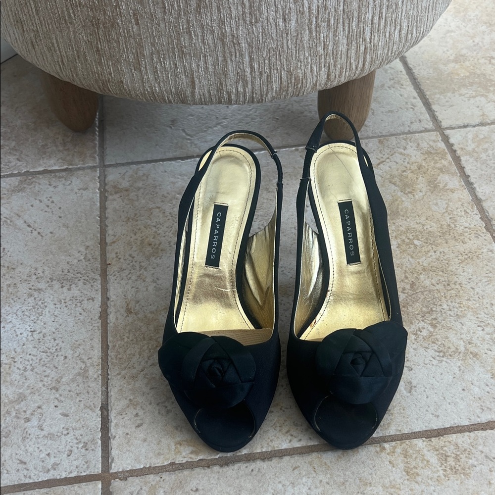 Caparros Black Slingback Heels with Floral Detail